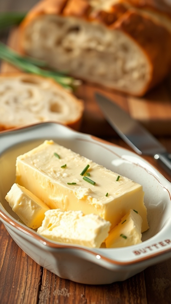 A classic butter dish with creamy butter and herbs, on a wooden table with bread.